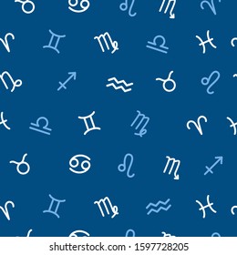 Zodiac signs seamless colorful vector background with tiny uneven dots texture. Zodiac icons astrological pattern with hand drawn speckles. Horoscope symbols colourful texture