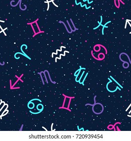 Zodiac signs seamless colorful vector background with tiny uneven dots texture. Zodiac icons astrological pattern with hand drawn speckles. Horoscope symbols colourful texture.