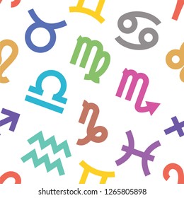 Zodiac signs seamless pattern. Aquarius, libra, leo, taurus, cancer, pisces, virgo, capricorn, sagittarius, aries, gemini, scorpio. Astrological calendar background. Zodiacal color vector horoscope