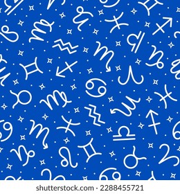 Zodiac signs seamless pattern, astrological symbols repeating print on blue background for fabric, packaging, wrapping paper, web page design. Astrology, esoteric, horoscope signs vector illustration