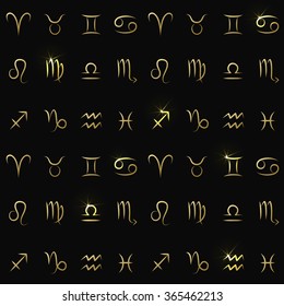 Zodiac signs seamless pattern. Astrological horoscope background with all gold shine zodiac signs