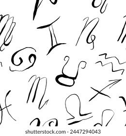 Zodiac signs seamless pattern in black and white colors, quirky astrology signs background, horoscope, vector line art
