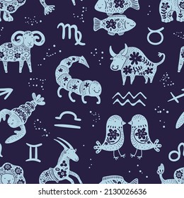 Zodiac-Zeichen nahtloses Muster. Blauer Ausdruck mit Sternkonstellationen, astrologischen Symbolen und Blumensymbolen des Horoskops. Tiere aus dem Dialekt. Cute-Kinder-Dekorationsstil