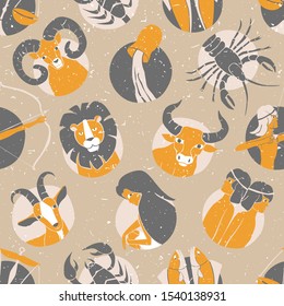 Zodiac signs seamless pattern. Сolored zodiac signs a gray shabby background. Zodiac pattern original design. Vector shabby hand drawn illustration