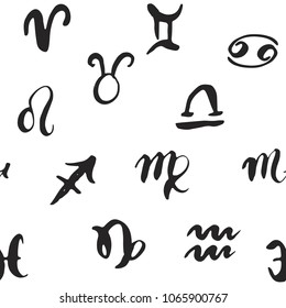 Zodiac signs seamless pattern. Hand drawn horoscope astrology symbols, grunge textured design, typography print, vector illustration.