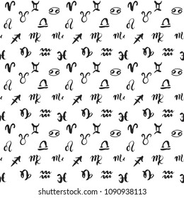 Zodiac signs seamless pattern. Hand drawn horoscope astrology symbols, grunge textured design, typography print, vector illustration.