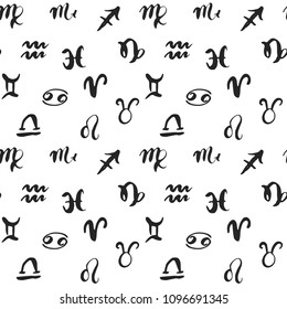 Zodiac signs seamless pattern. Hand drawn horoscope astrology symbols, grunge textured design, typography print, vector illustration.