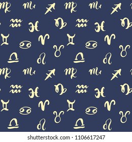 Zodiac signs seamless pattern. Hand drawn horoscope astrology symbols, grunge textured design, typography print, vector illustration.