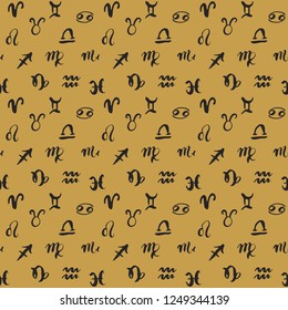 Zodiac signs seamless pattern. Hand drawn horoscope astrology symbols, grunge textured design, typography print, vector illustration.