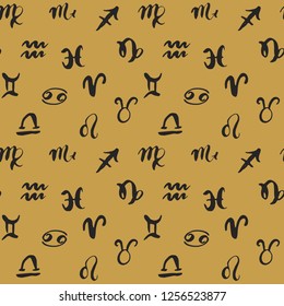 Zodiac signs seamless pattern. Hand drawn horoscope astrology symbols, grunge textured design, typography print, vector illustration.