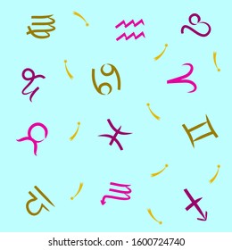 Zodiac signs seamless pattern. Hand drawn horoscope astrology symbols, grunge textured design, typography print, illustration.