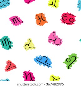 Zodiac signs seamless pattern - hand drawn calligraphy lettering, bright neon colors label design