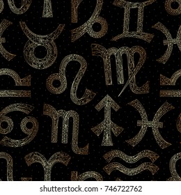 Zodiac signs seamless pattern. Horoscope golden magic symbols background. Hand drawn astrological vector texture.