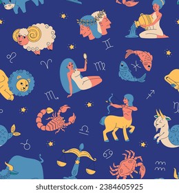 Zodiac signs seamless pattern. Night sky with astrological symbols and stars, funny horoscope elements, cute leo, virgo and aries. Decor textile, wrapping paper, wallpaper. Vector background