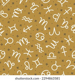 Zodiac signs seamless pattern on gold metallic background, horoscope symbols repeating print for fabric, packaging, web page design. Astrology, esoteric, astrological signs vector illustration