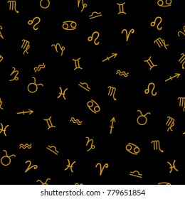 Zodiac signs seamless pattern on black background. Vector illustration