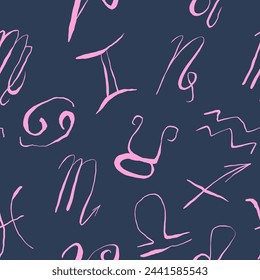 Zodiac signs seamless pattern in pink and navy blue colors, quirky horoscope signs background, astrology, vector line art