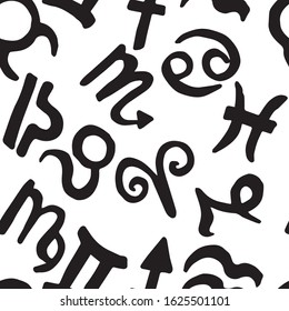 Zodiac signs seamless pattern. Simple black astrological symbols isolated on white background: aries, taurus, gemini, cancer, leo, virgo, libra, scorpio, sagittarius, capricorn, aquarius, pisces.