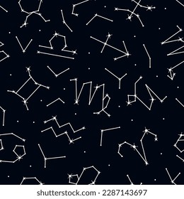 Zodiac signs seamless pattern, stars and constellations repeating print on dark night background for fabric, packaging, wrapping paper design. Astrology, horoscope symbols vector illustration