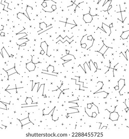 Zodiac signs seamless pattern, stars and constellations repeating print on white background for fabric, packaging, wrapping paper design. Astrology, horoscope symbols vector illustration