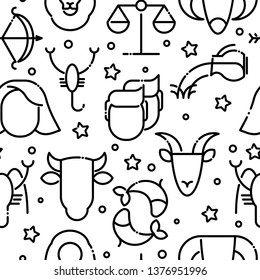 Zodiac signs seamless pattern with thin line icons for banner with horoscope, web site or background. Vector illustration.