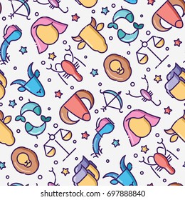 Zodiac signs seamless pattern with thin line icons for banner with horoscope, web site or background. Vector illustration.