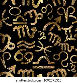 Zodiac signs seamless pattern. Vector set. Abstract background. 12 Astrological zodiac symbols. Aries, Taurus, Gemini, Cancer, Leo, Virgo, Libra, Scorpio, Sagittarius, Capricorn, Aquarius, Pisces