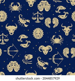 Zodiac signs seamless pattern. Vector cartoon flat illustration. Astrological signs on dark background. 