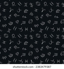 Zodiac signs seamless pattern. White stroke signs repeat on black background. Vector illustration.