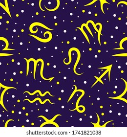 Zodiac signs seamless pattern,horoscope background. Calligraphy symbols.