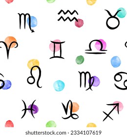 Zodiac signs seamless repeat vector pattern. Hand brush drawn black illustrations, colorful watercolor uneven circles, aquarelle spots, stains, brush strokes background. Bright artistic round shapes.