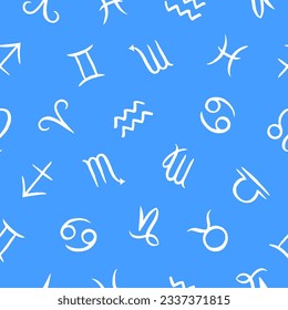 Zodiac signs seamless repeat vector chaotic pattern. Hand brush drawn doodle horoscope illustrations, blue background. Zodiac icons monochrome astrological decoration. 