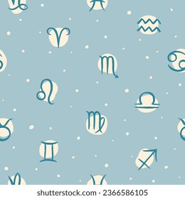 Zodiac signs seamless repeat vector pattern. Hand brush drawn doodle illustrations, colorful uneven circles, spots, uneven dots background. Artistic liquid, fluid rounded shapes. Retro blue color.