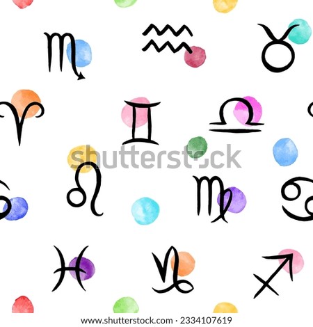 Zodiac signs seamless repeat vector pattern. Hand brush drawn black illustrations, colorful watercolor uneven circles, aquarelle spots, stains, brush strokes background. Bright artistic round shapes.