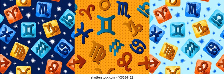 Zodiac signs. Set of 3 seamless backgrounds.