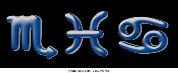 Zodiac Signs Set with 3D Scorpio, Pisces and Cancer Icons, Vector Illustration. Inflated Volumetric Shapes with Blue Holographic Surface. Astrological Signs. Horoscope. Isolated Black Background.