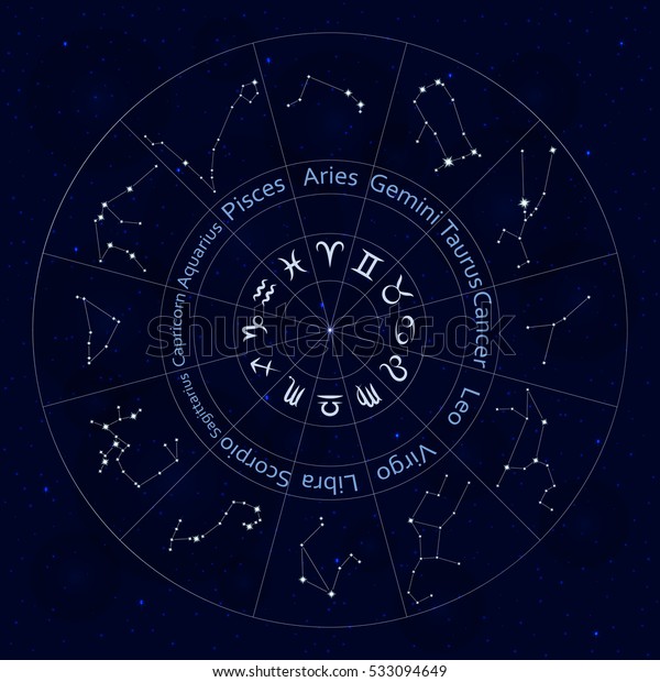 十二宮図 星座の星座のすべてのセット 抽象的な空の夜空の背景に星とボケ 丸い形 モバイルアプリケーション 占星術 科学テンプレートに最適 のベクター画像素材 ロイヤリティフリー