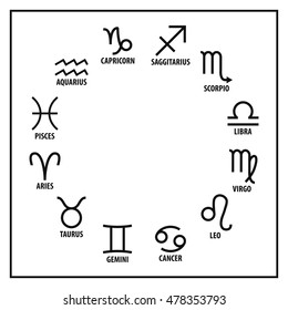 Zodiac signs set: Aquarius, Pisces, Aries, Taurus, Gemini, Cancer, Leo, Virgo, Libra, Scorpio, Sagittarius, Capricorn arranged in a circle. Vector illustration. Symbols and notation for horoscopes.