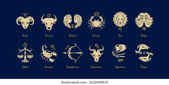 Conjunto de signos del zodiaco. Aries, leo, gemini, taurus, escorpio, aquarius, piscis, sagitario, libra, virgo, capricornio y cáncer. Ilustración vectorial. 