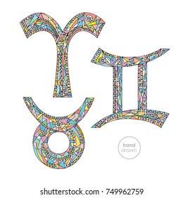 Zodiac signs set: Aries, Taurus, Gemini. Horoscope pastel colors collection. Hand drawn symbols in modern style. Astrological series vector illustration.