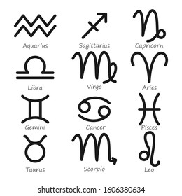 Zodiac signs set, signs for astrological horoscope. The symbols of the zodiac line are stylized. Astrological calendars collection, vector illustration icons isolated on the white background