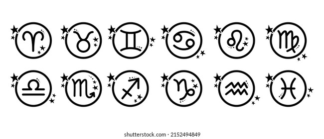 Zodiac signs set, astrological symbols of twelve zodiacal constellations. Vector flat illustrations, isolated on white background. Horoscope elements and celestial black round icons with stars.