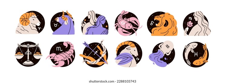 Zodiac signs set. Astrology horoscope icons. Astrological symbols of Aries, Gemini, Cancer, Leo, Virgo, Libra, Aquarius and Pisces. Modern flat vector illustrations isolated on white background