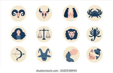 Zodiac signs set. Astrology horoscope icons. Astrological symbols of Aries, Gemini, Cancer, Leo, Virgo, Libra, Aquarius and Pisces. Modern flat vector illustrations isolated on white background