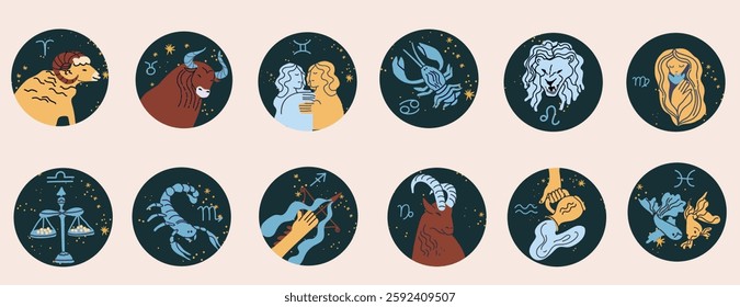 Zodiac signs set. Astrology horoscope icons. Astrological symbols of Aries, Gemini, Cancer, Leo, Virgo, Libra, Aquarius and Pisces, Sagittarius, Aries, Capricorn, hand drawn vector illustrations. 