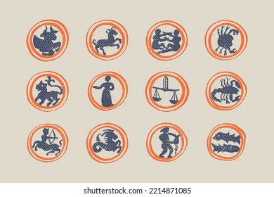 Zodiac signs set. Astrology illustrations in medieval engraving style with gothic lettering. Ink dim colored emblem perfect for vintage premium identity, horoscope posters, luxury packaging.