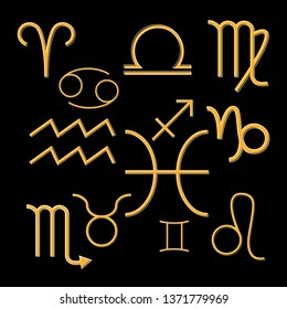 Zodiac signs. Set of badges on a black background. Vector illustration.