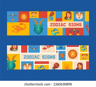 Zodiac signs set of banners vector illustration. Horoscope, astrology icons such as Aries, Taurus Gemini, Cancer Leo, Virgo Libra, Scorpio Sagittarius Capricorn, Aquarius, Pisces.