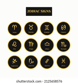 Zodiac signs. A set of black and gold zodiac icons isolated on a white background. Astrological symbols of the zodiac. Vedic Astrology