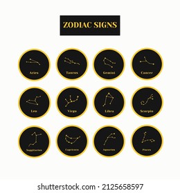 Zodiac signs. A set of black and gold zodiac icons isolated on a white background. Astrological symbols of the zodiac. Vedic Astrology